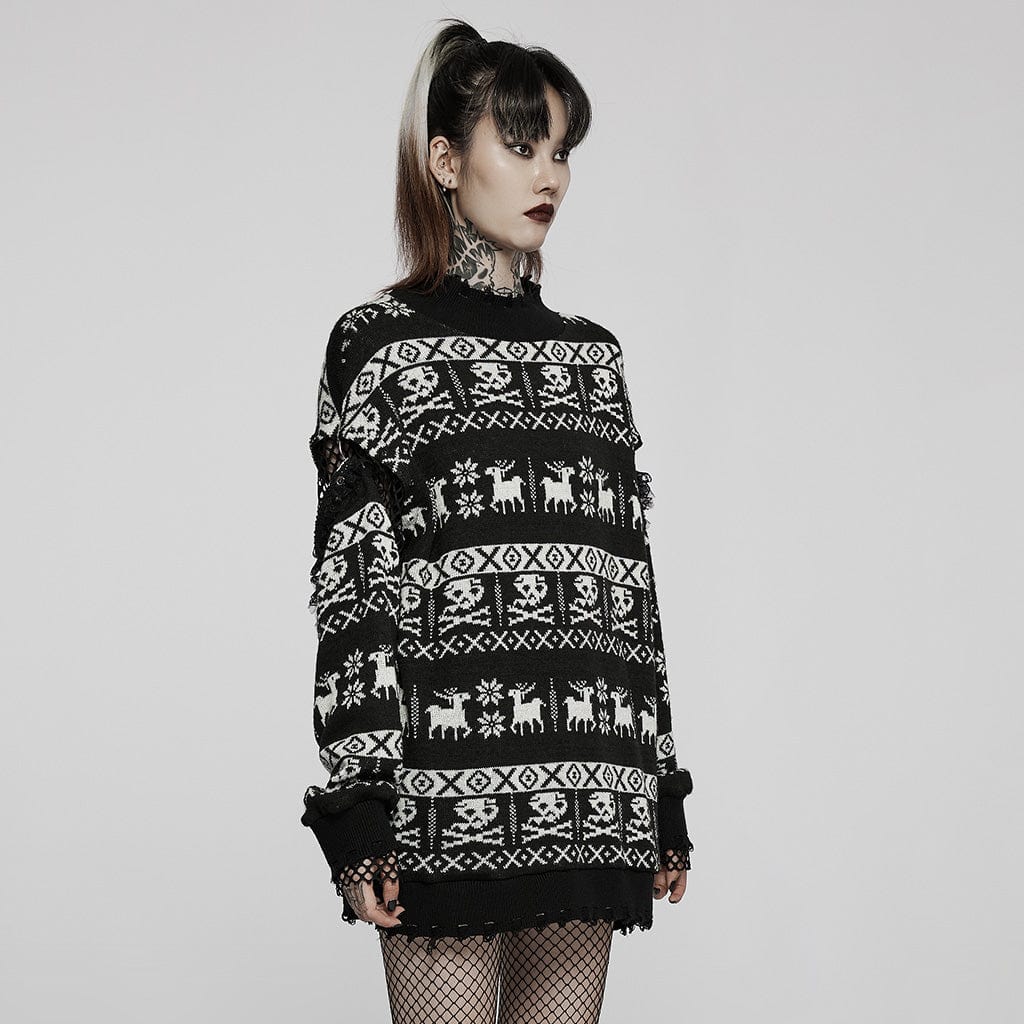 PUNK RAVE Women's Grunge Skull Deer Loose Sweater