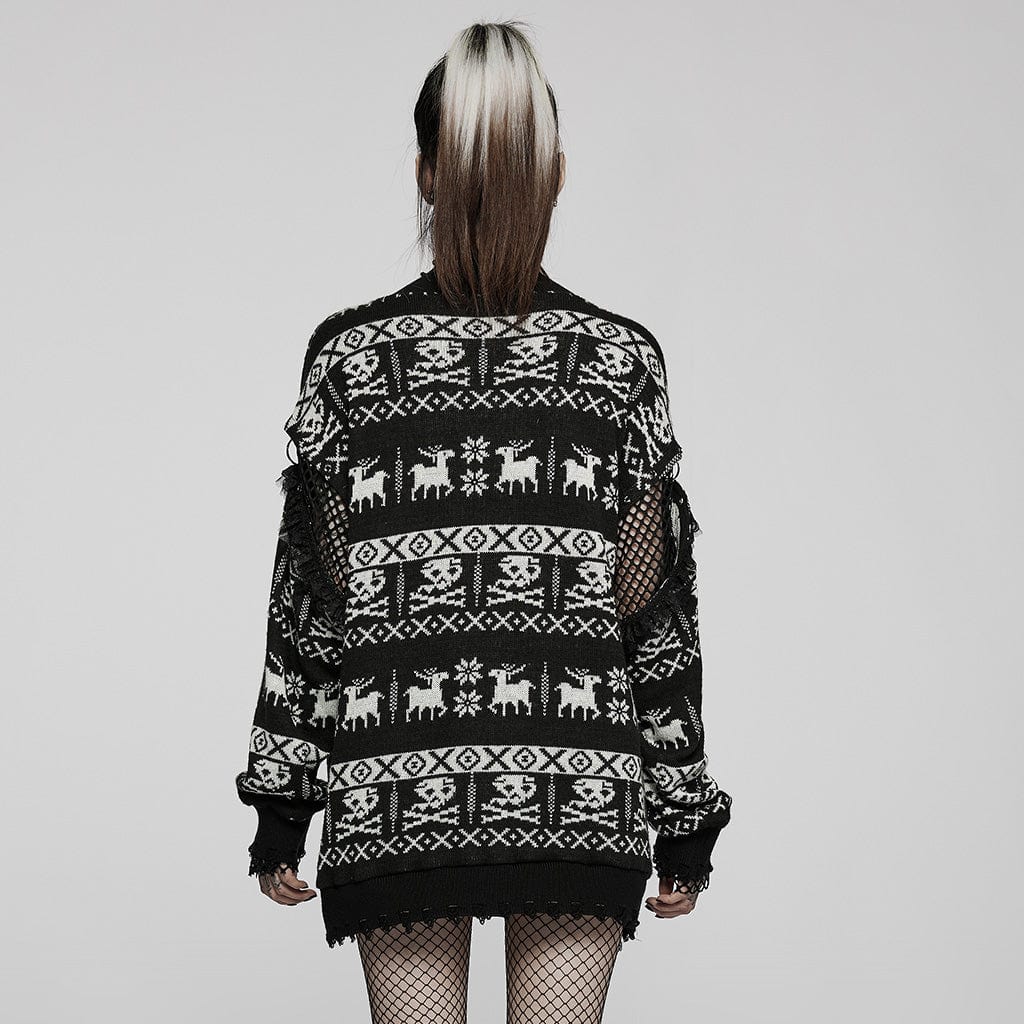 PUNK RAVE Women's Grunge Skull Deer Loose Sweater