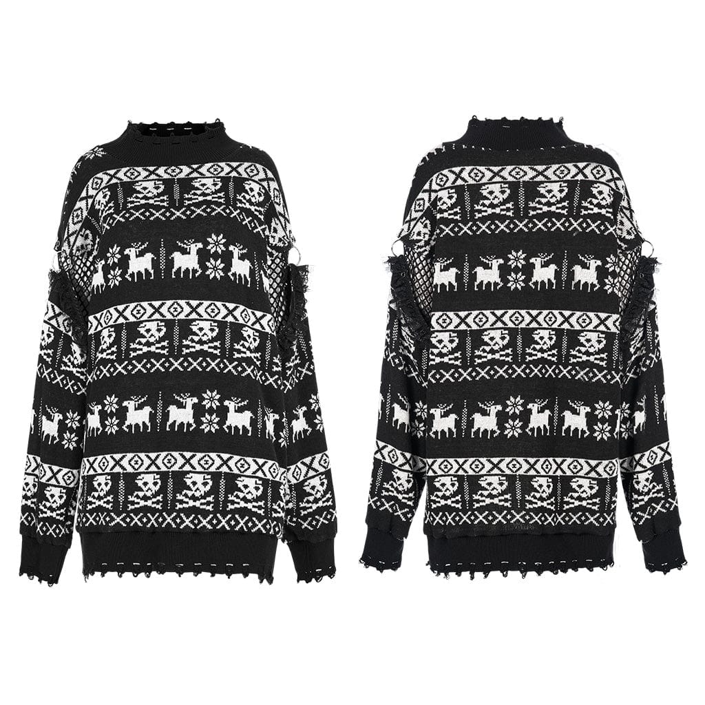 PUNK RAVE Women's Grunge Skull Deer Loose Sweater