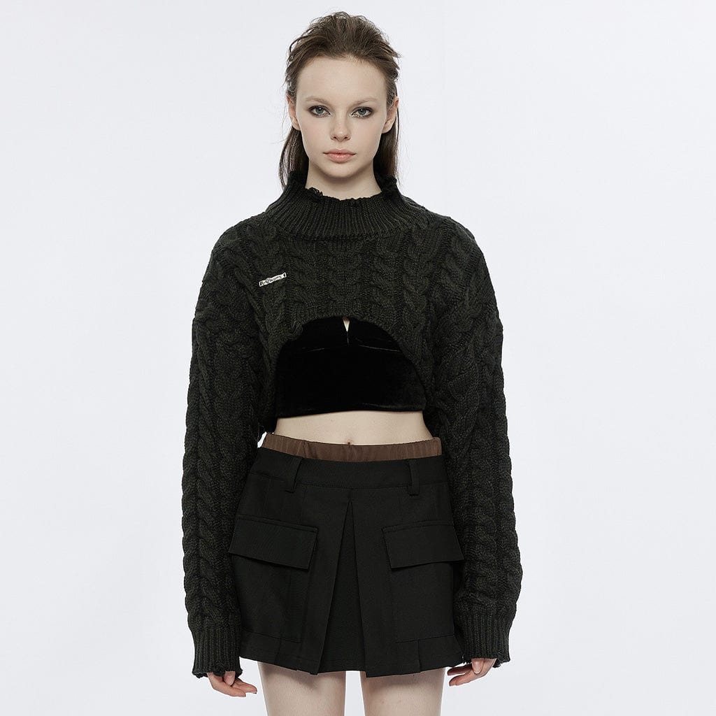 PUNK RAVE Women's Grunge Stand Collar Cable Knitted Short Sweater