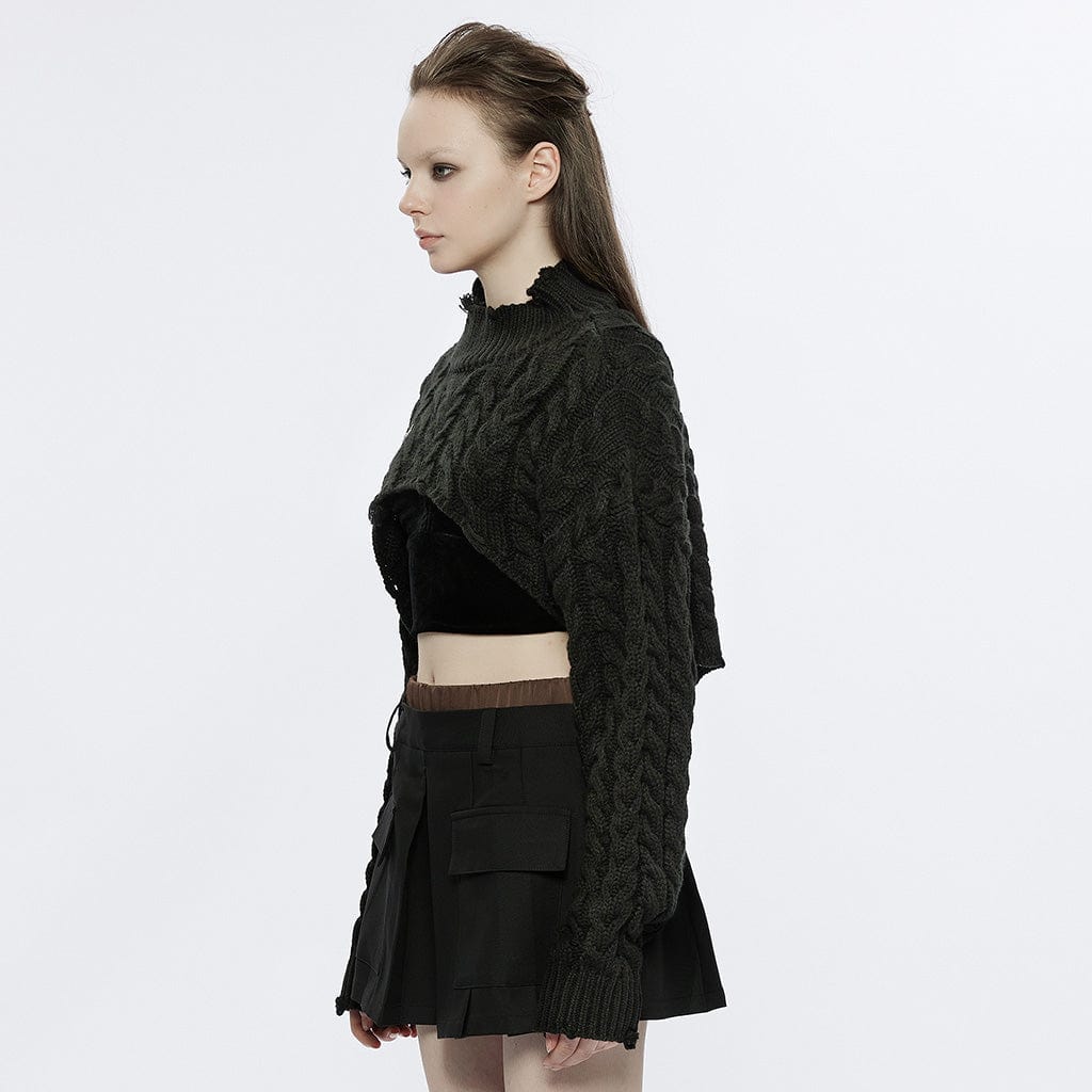 PUNK RAVE Women's Grunge Stand Collar Cable Knitted Short Sweater