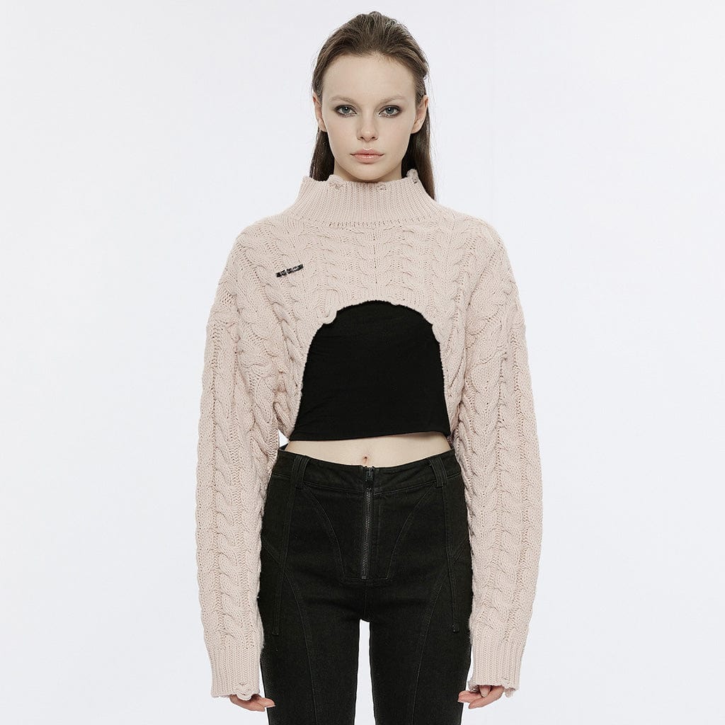 PUNK RAVE Women's Grunge Stand Collar Cable Knitted Short Sweater
