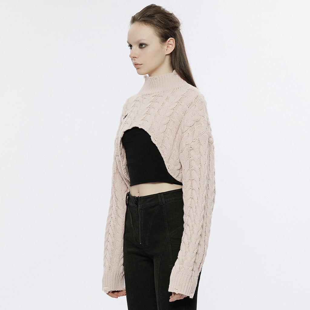 PUNK RAVE Women's Grunge Stand Collar Cable Knitted Short Sweater