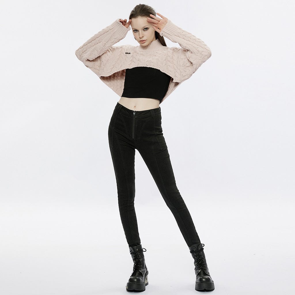 PUNK RAVE Women's Grunge Stand Collar Cable Knitted Short Sweater