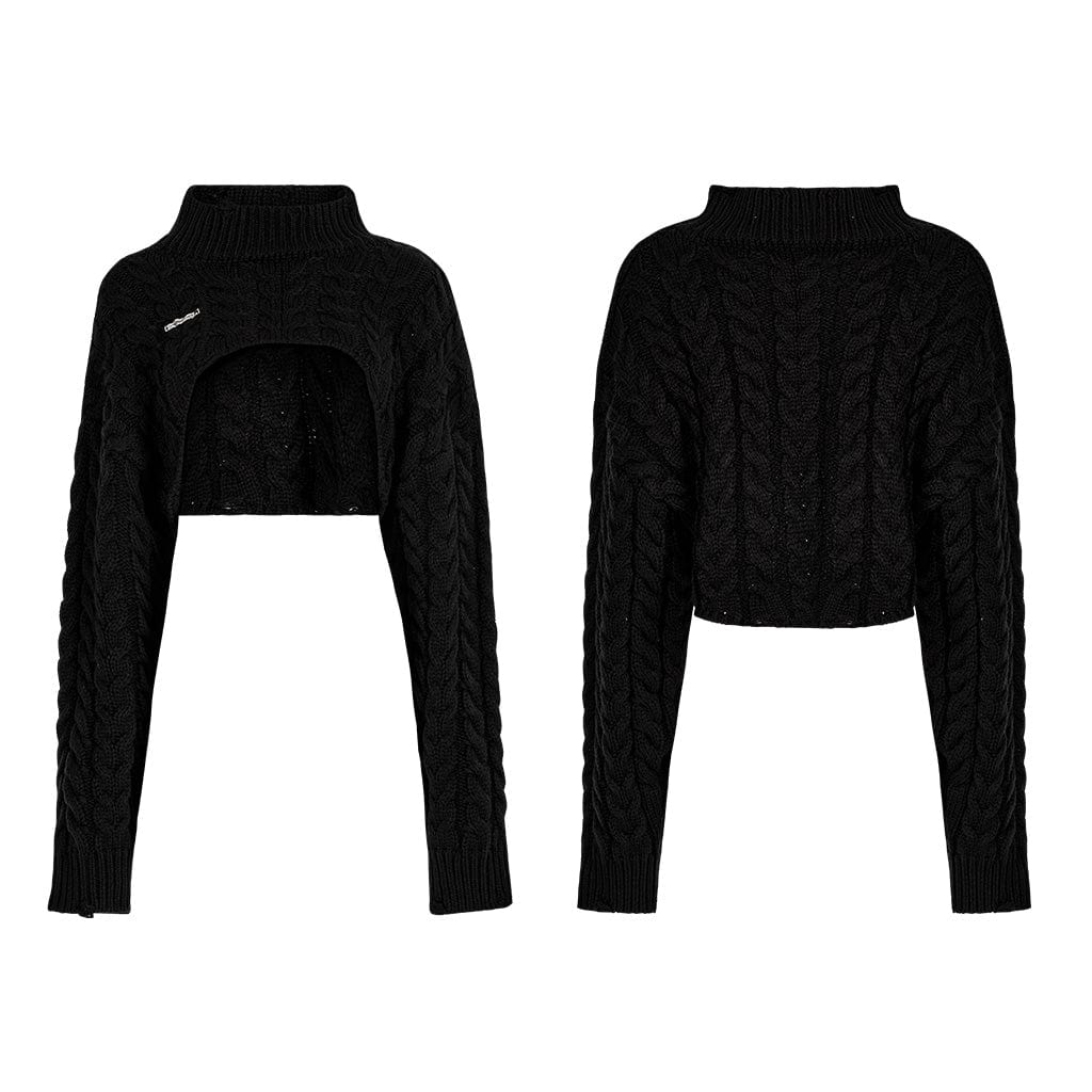 PUNK RAVE Women's Grunge Stand Collar Cable Knitted Short Sweater