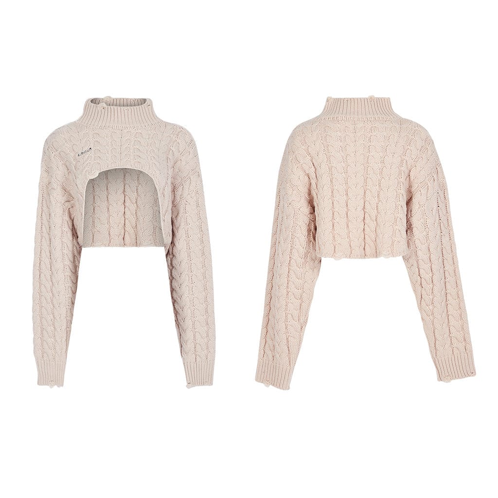 PUNK RAVE Women's Grunge Stand Collar Cable Knitted Short Sweater