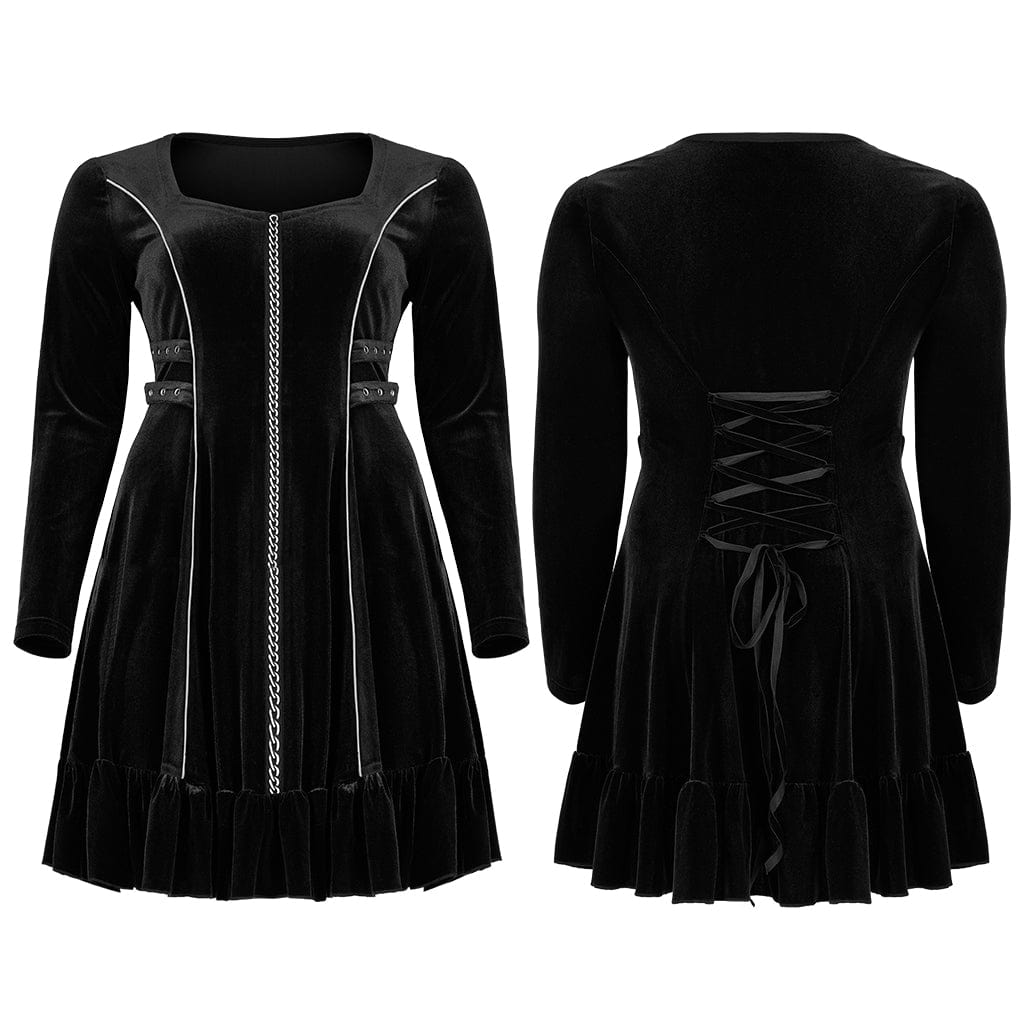 Punk Rave Women's Plus Size Gothic Metal Chain Long Sleeved Velvet Dress