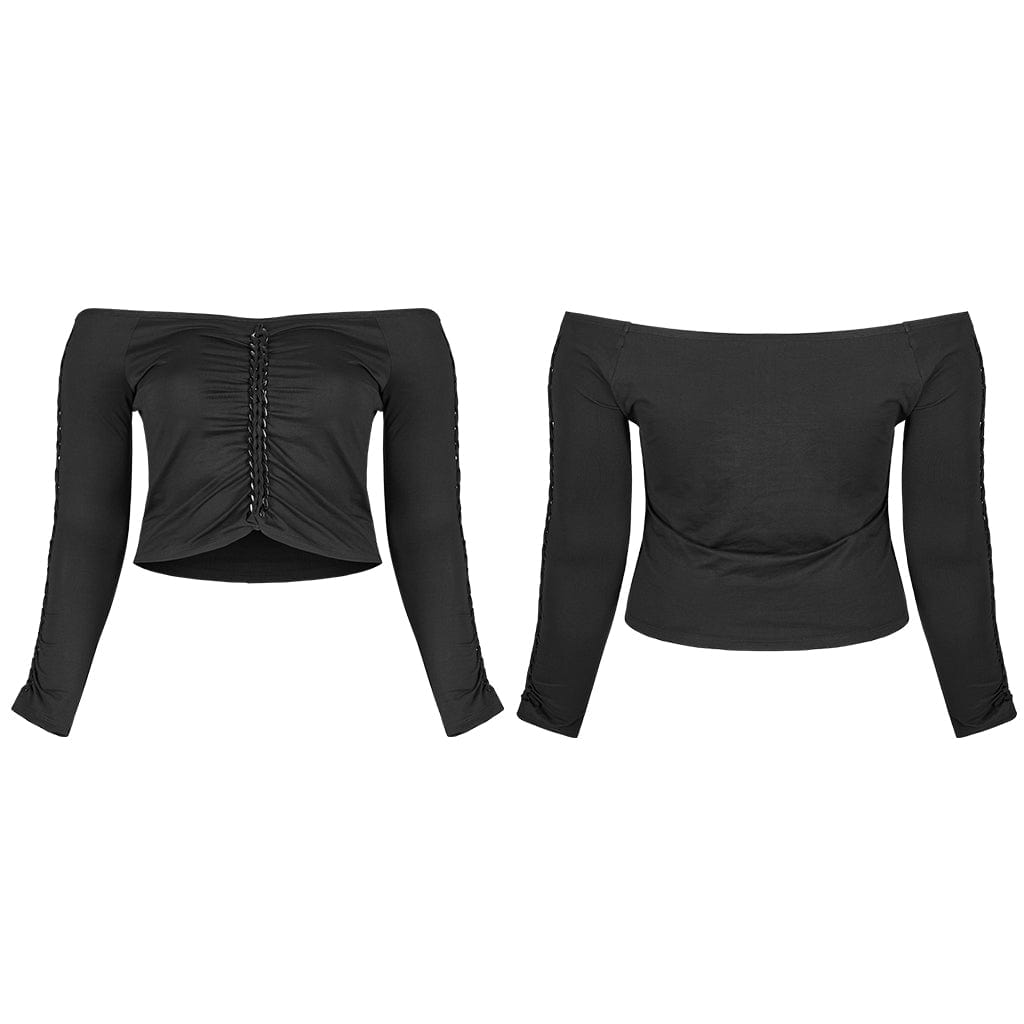 Punk Rave Women's Plus Size Gothic Off Shoulder Ruffles Long Sleeved Top