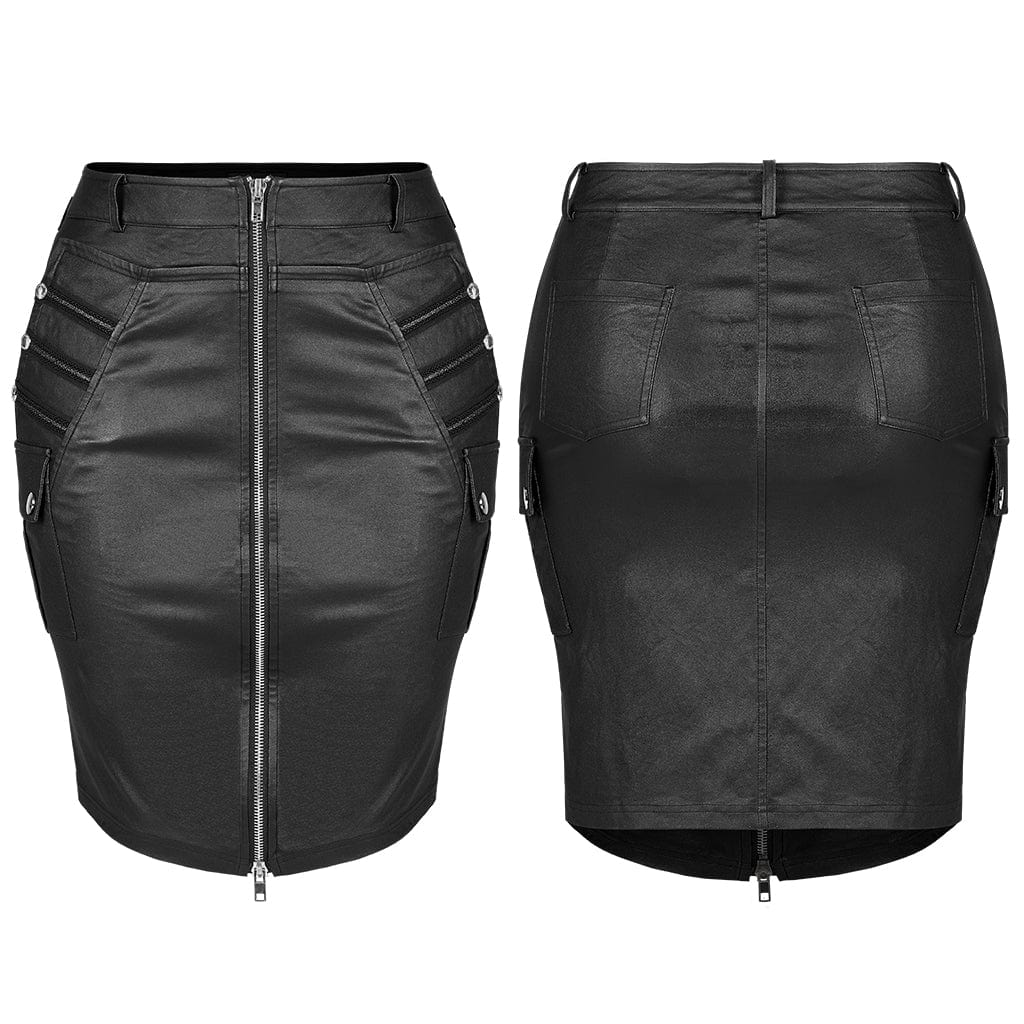 Punk Rave Women's Plus Size Punk Front Zip Faux Leather Wrapped Skirt