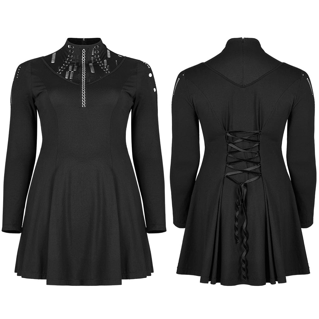 Punk Rave Women's Plus Size Punk High Collar Ripped Long Sleeved Black Little Dress
