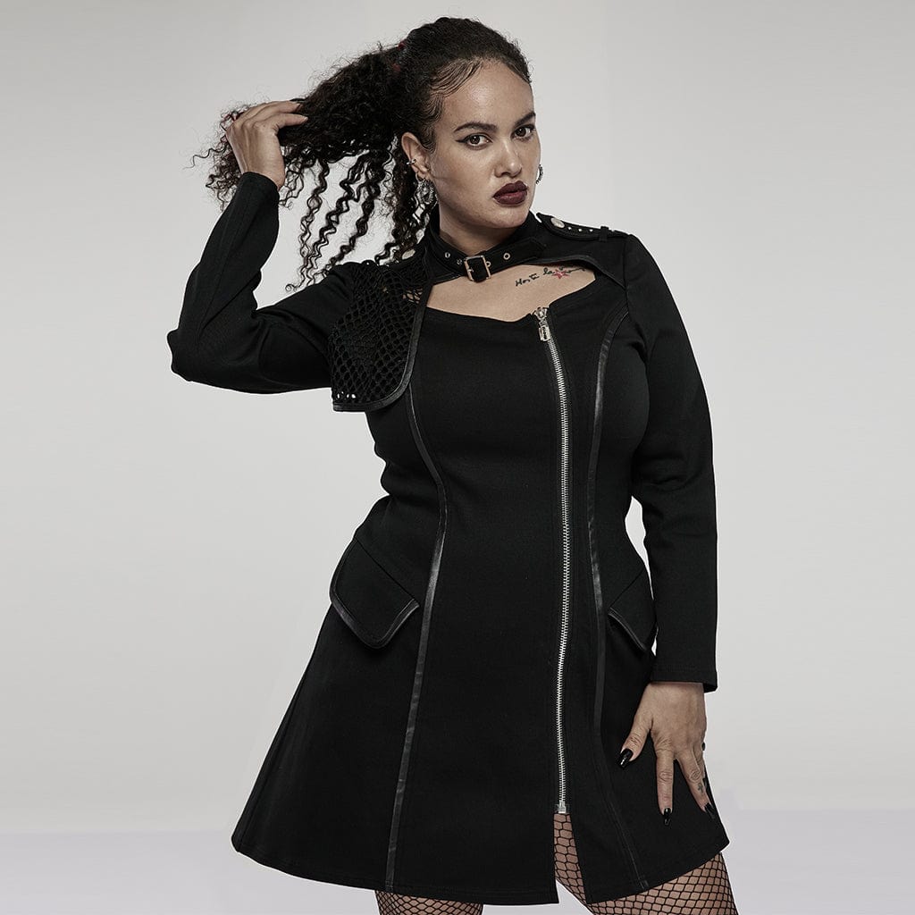 Punk Rave Women's Plus Size Punk Military Style Side Zip Long Sleeved Dress