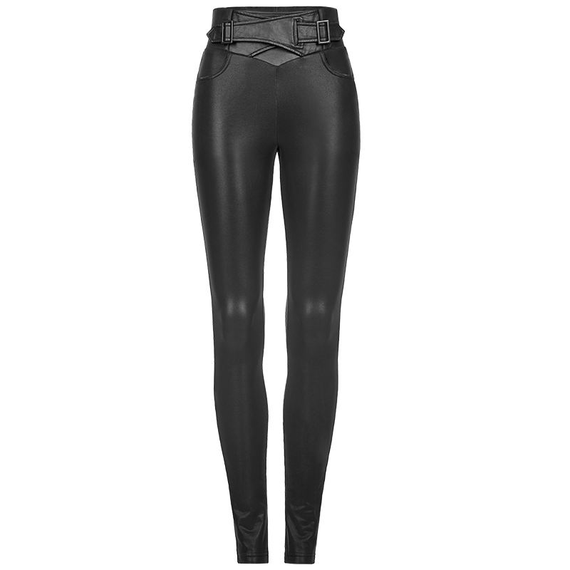 PUNK RAVE Women's Punk Buckle Faux Leather Leggings