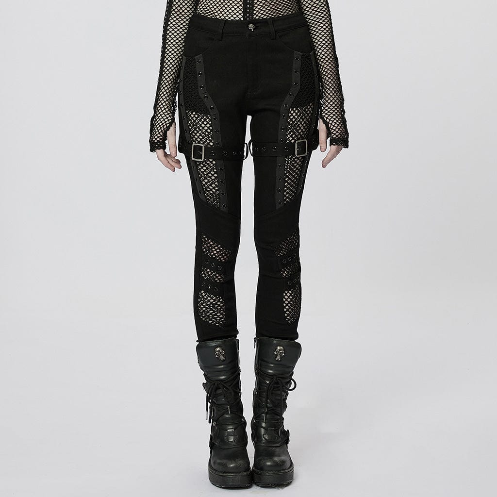 PUNK RAVE Women's Punk Buckles Mesh Splice Eyelets Jeans