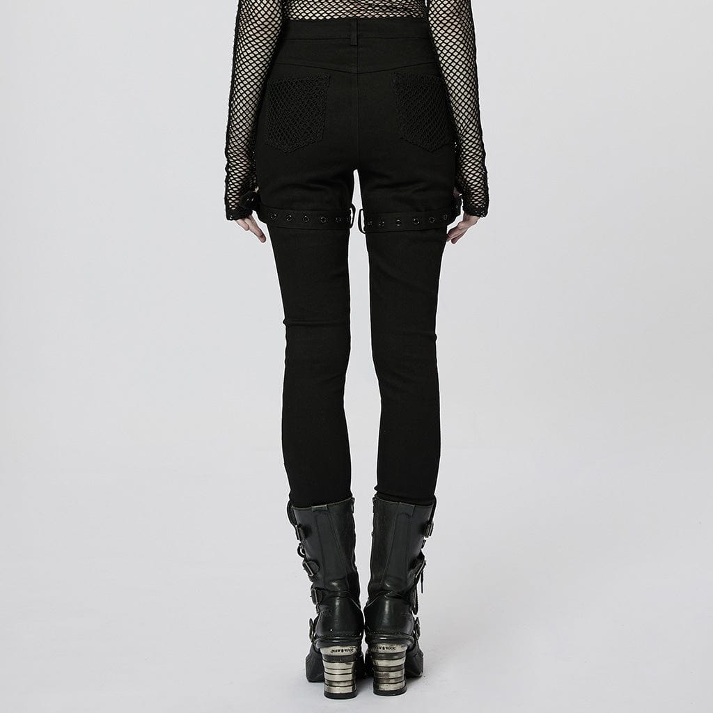 PUNK RAVE Women's Punk Buckles Mesh Splice Eyelets Jeans