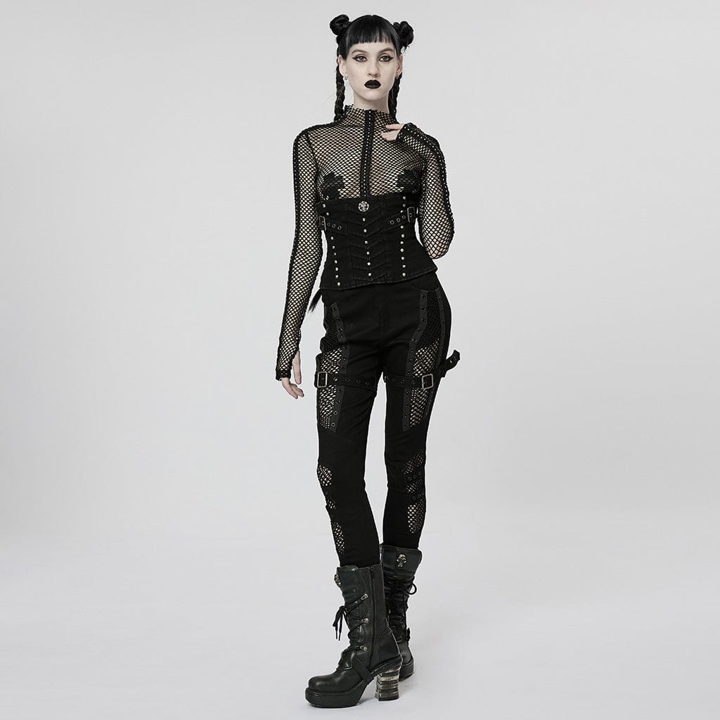 PUNK RAVE Women's Punk Buckles Mesh Splice Eyelets Jeans