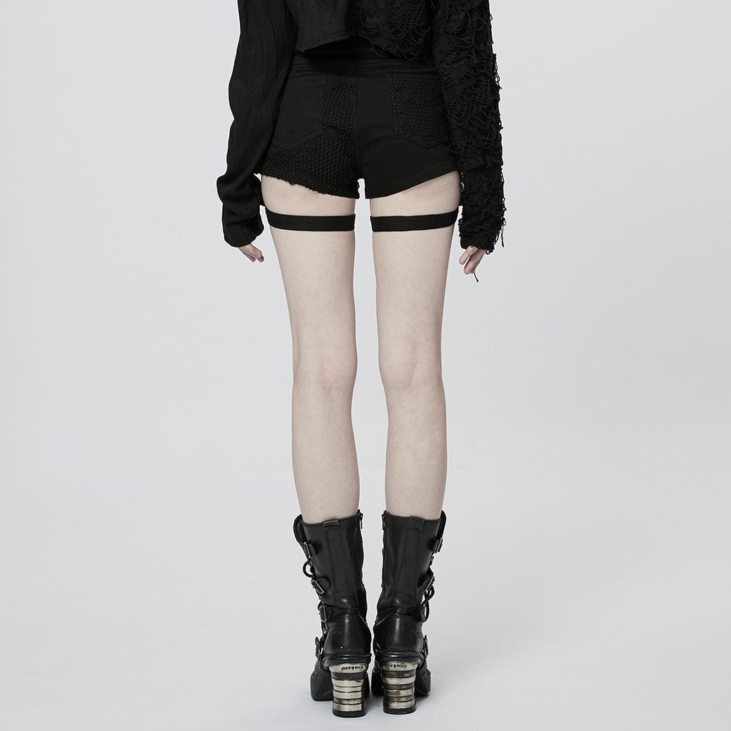 PUNK RAVE Women's Punk Buckles Splice Mesh Shorts