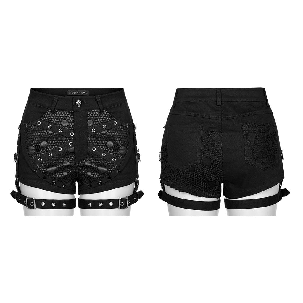 PUNK RAVE Women's Punk Buckles Splice Mesh Shorts