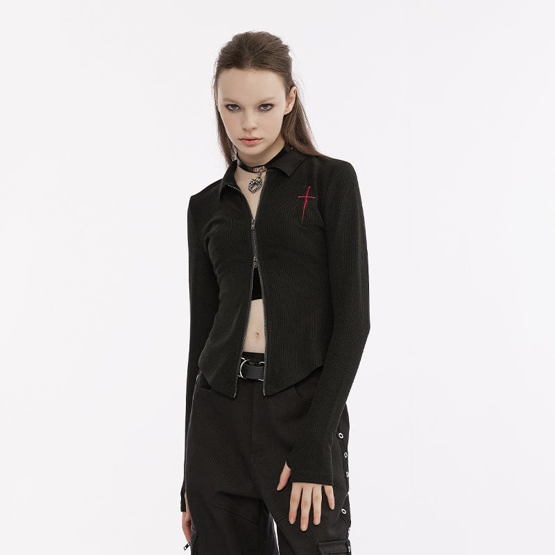 PUNK RAVE Women's Punk Cross Embroidered Zipper Cardigan