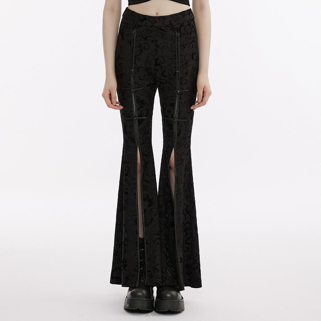 PUNK RAVE Women's Punk Dragon Printed Frog Split Flared Pants