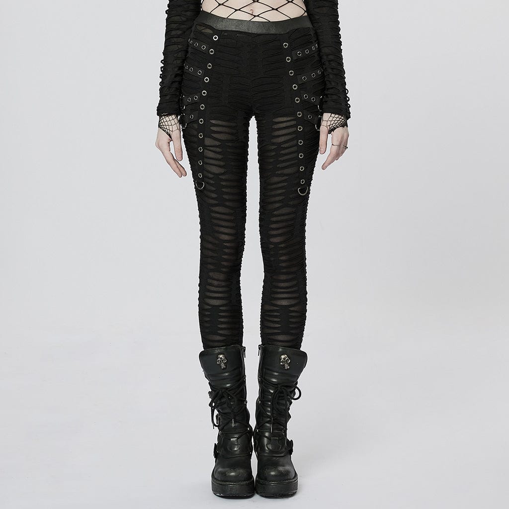 PUNK RAVE Women's Punk Eyelet Ripped Sheer Leggings