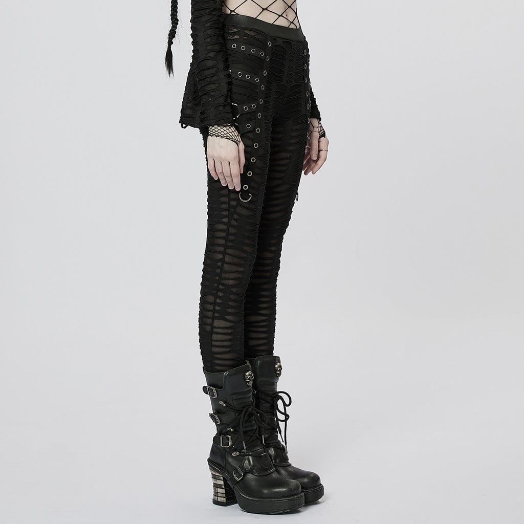 PUNK RAVE Women's Punk Eyelet Ripped Sheer Leggings
