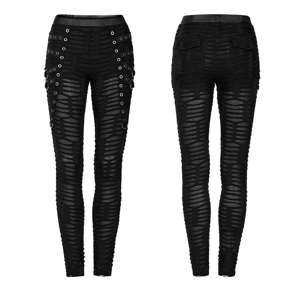 PUNK RAVE Women's Punk Eyelet Ripped Sheer Leggings