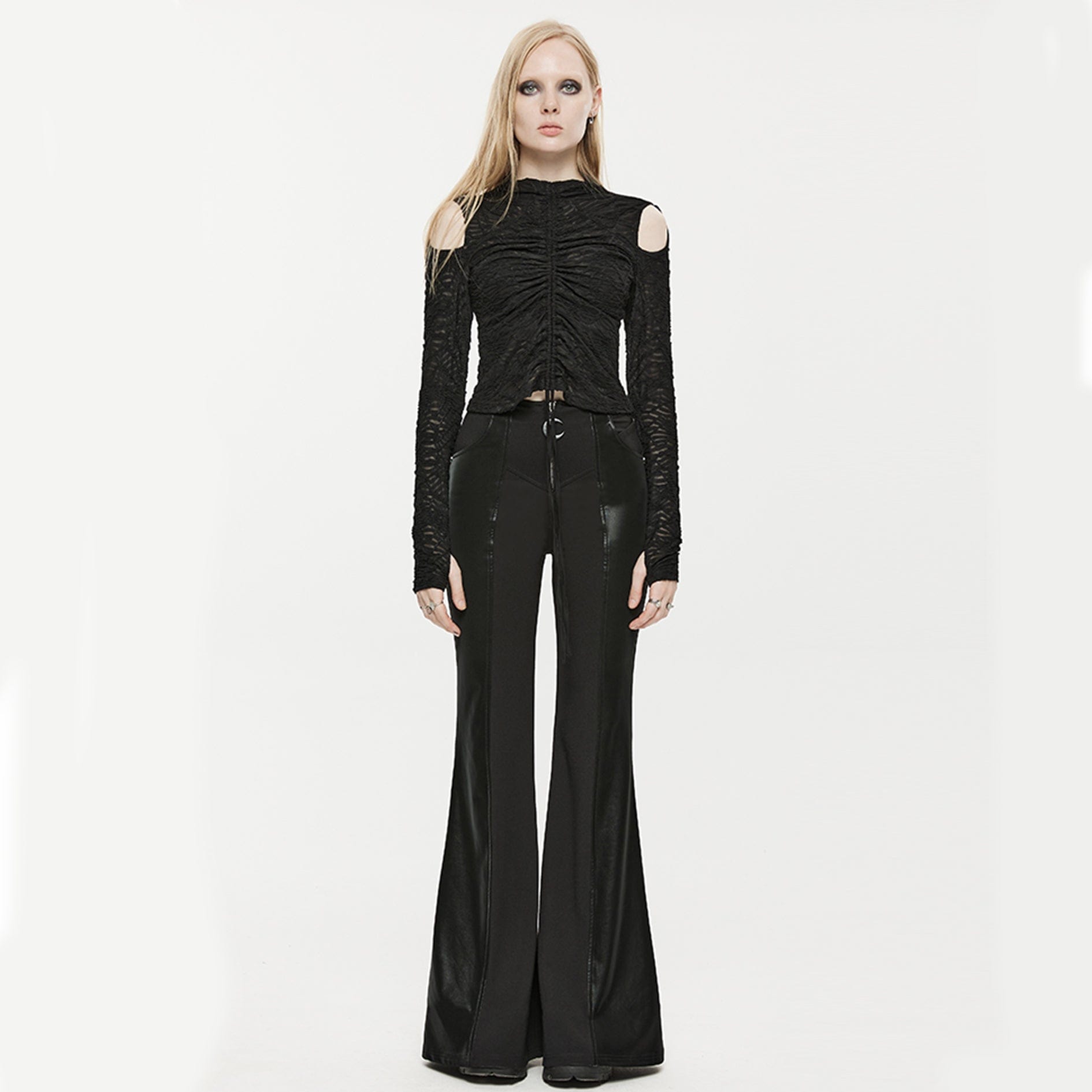 PUNK RAVE Women's Punk Faux Leather Splice Flared Pants