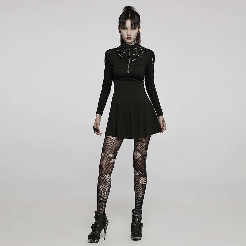 Punk Rave Women's Punk High Collar Ripped Long Sleeved Black Little Dress