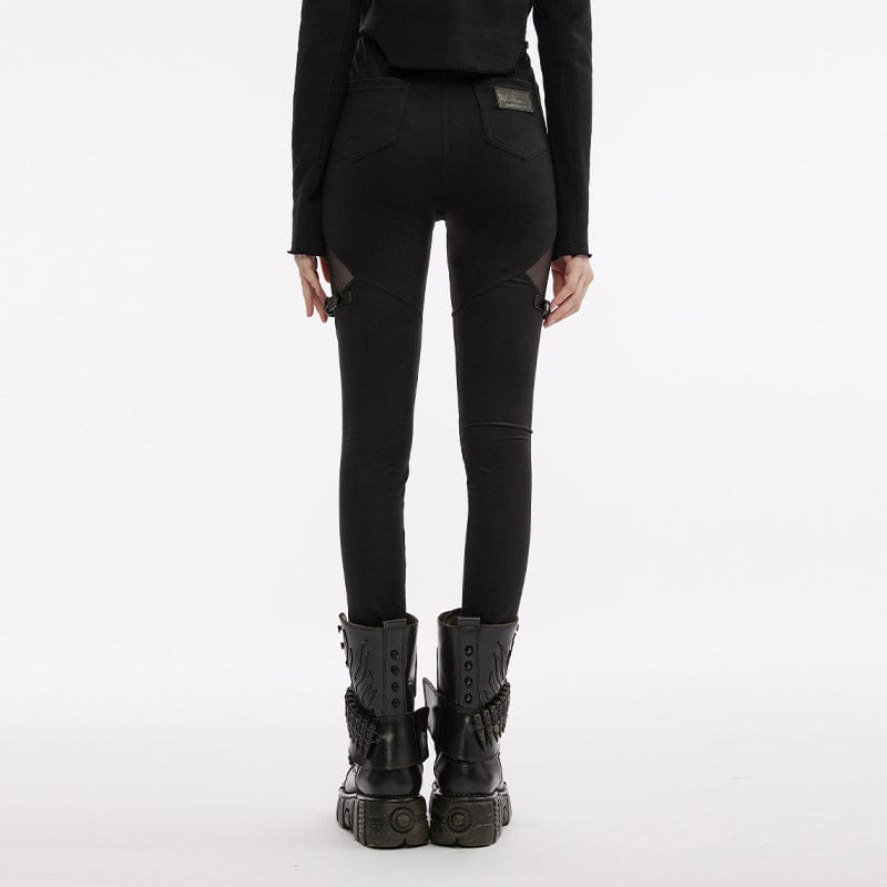 PUNK RAVE Women's Punk Mesh Splice Buckle Leggings
