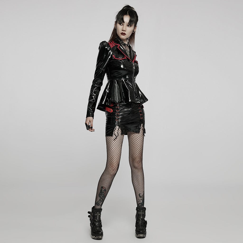 Punk Rave Women's Punk Military Style Lacing-up Patent Leather Wraped Skirt