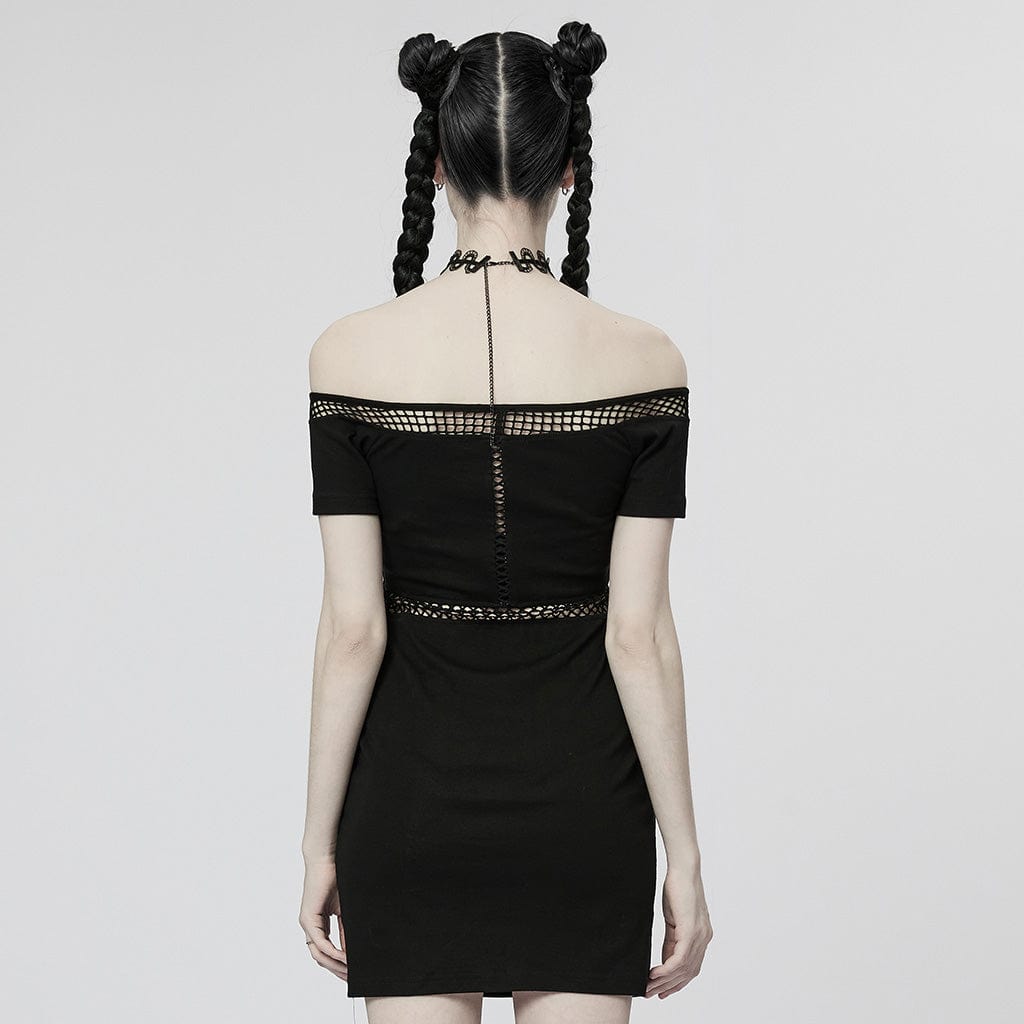 PUNK RAVE Women's Punk Off Shoulder Mesh Splice Dress