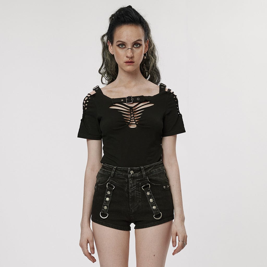 PUNK RAVE Women's Punk Ripped Buckle Shirt