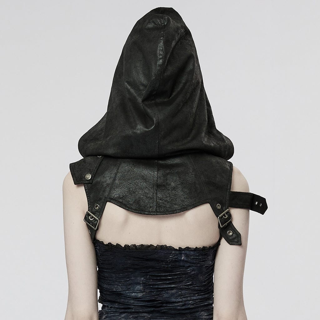 PUNK RAVE Women's Punk Stand Collar Buckle Cape with Hood