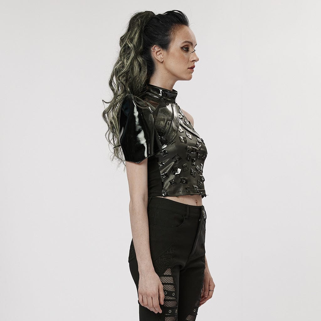 PUNK RAVE Women's Punk Stand Collar Patent Leather Body Harness