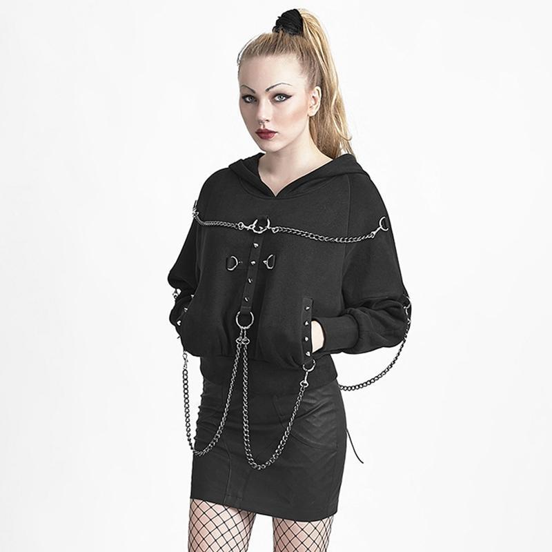 Women's Punk Cross Mental Chain Hoodies Black