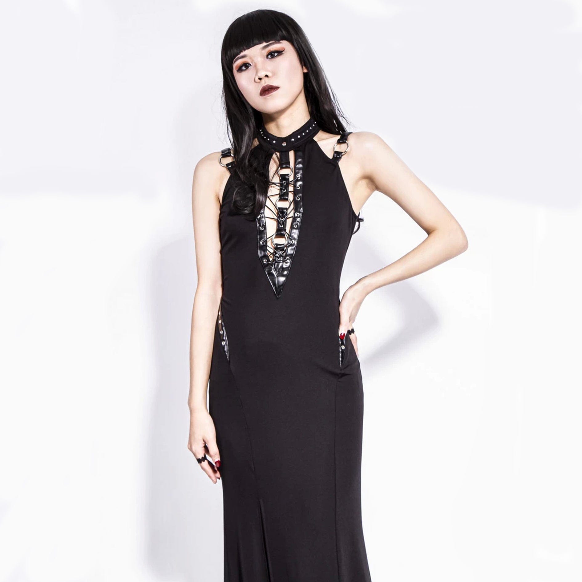 RNG Women's Gothic Cutout Split Halterneck Dress