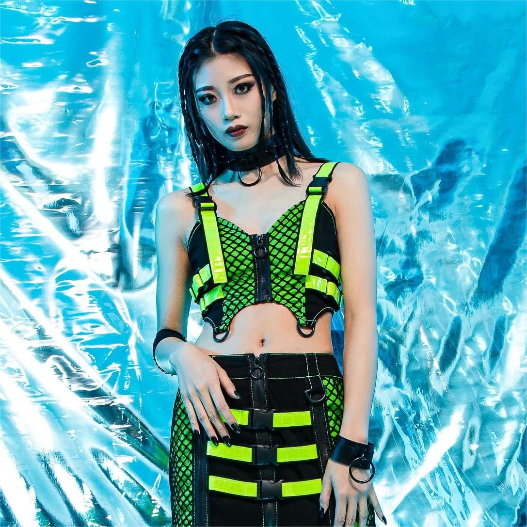 RNG Women's Grunge Contrast Color Buckle Vest Green