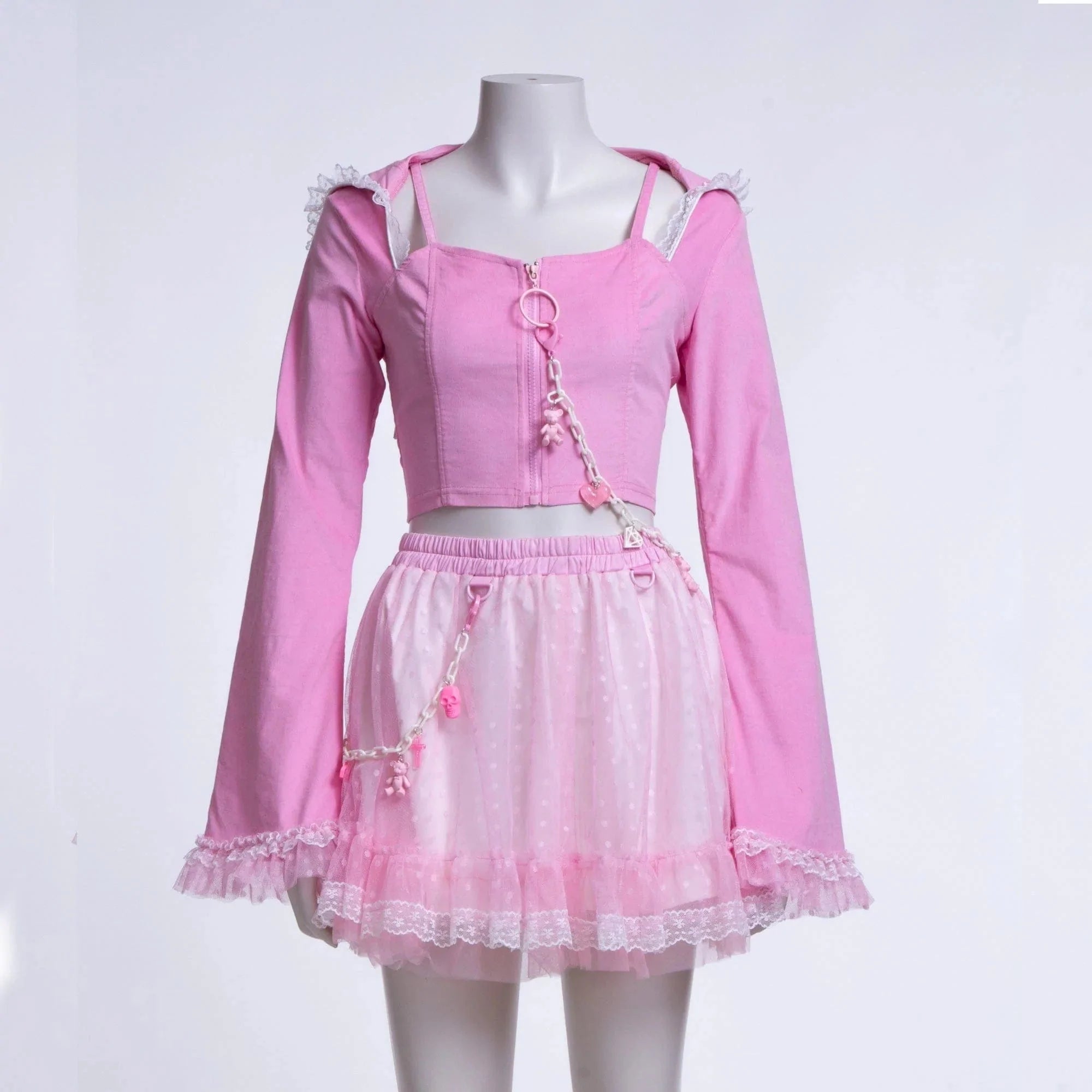 RNG Women's Grunge Lace Splice Jacket with Hood Pink