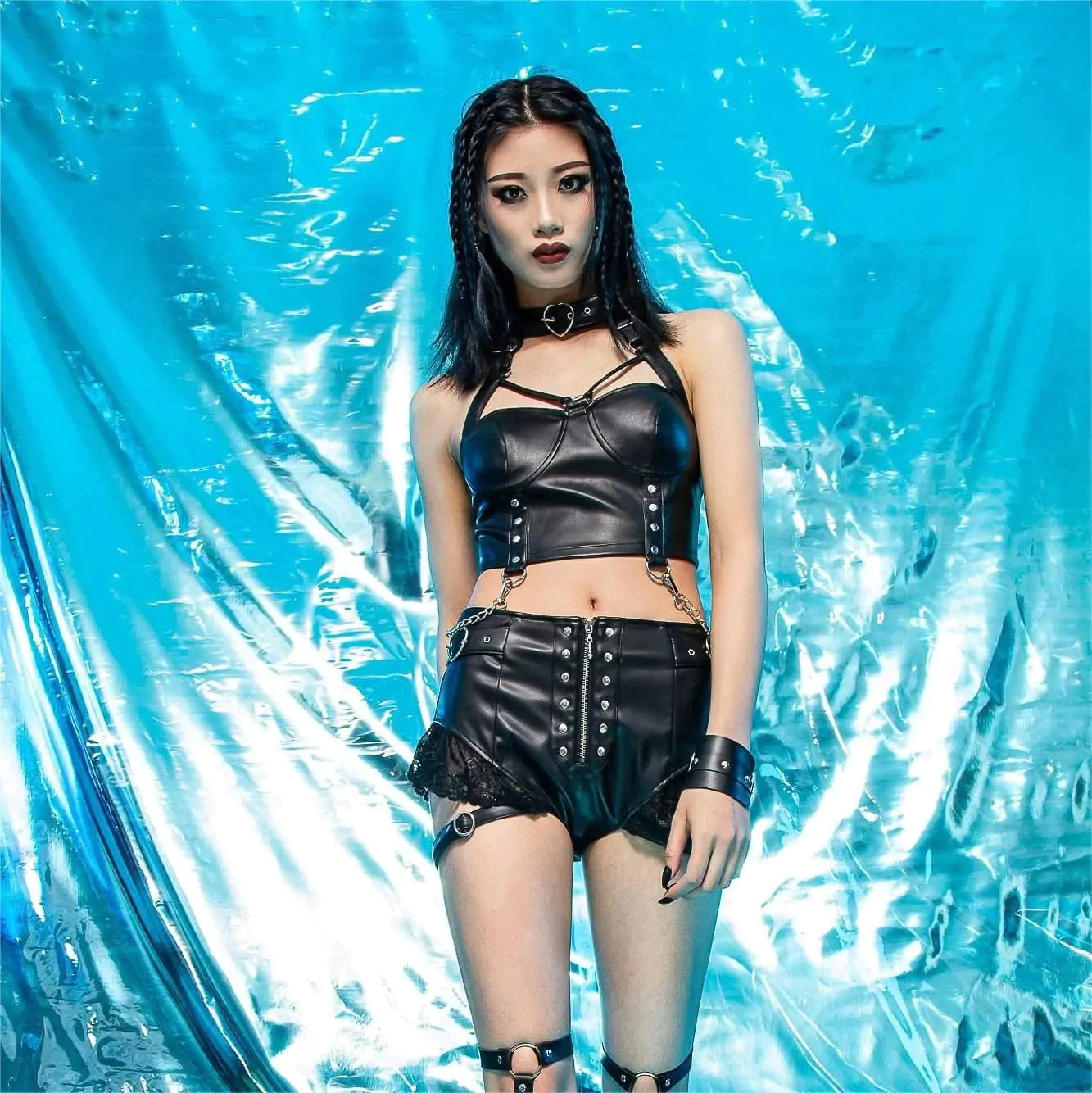 RNG Women's Punk Lace Splice Faux Leather Shorts