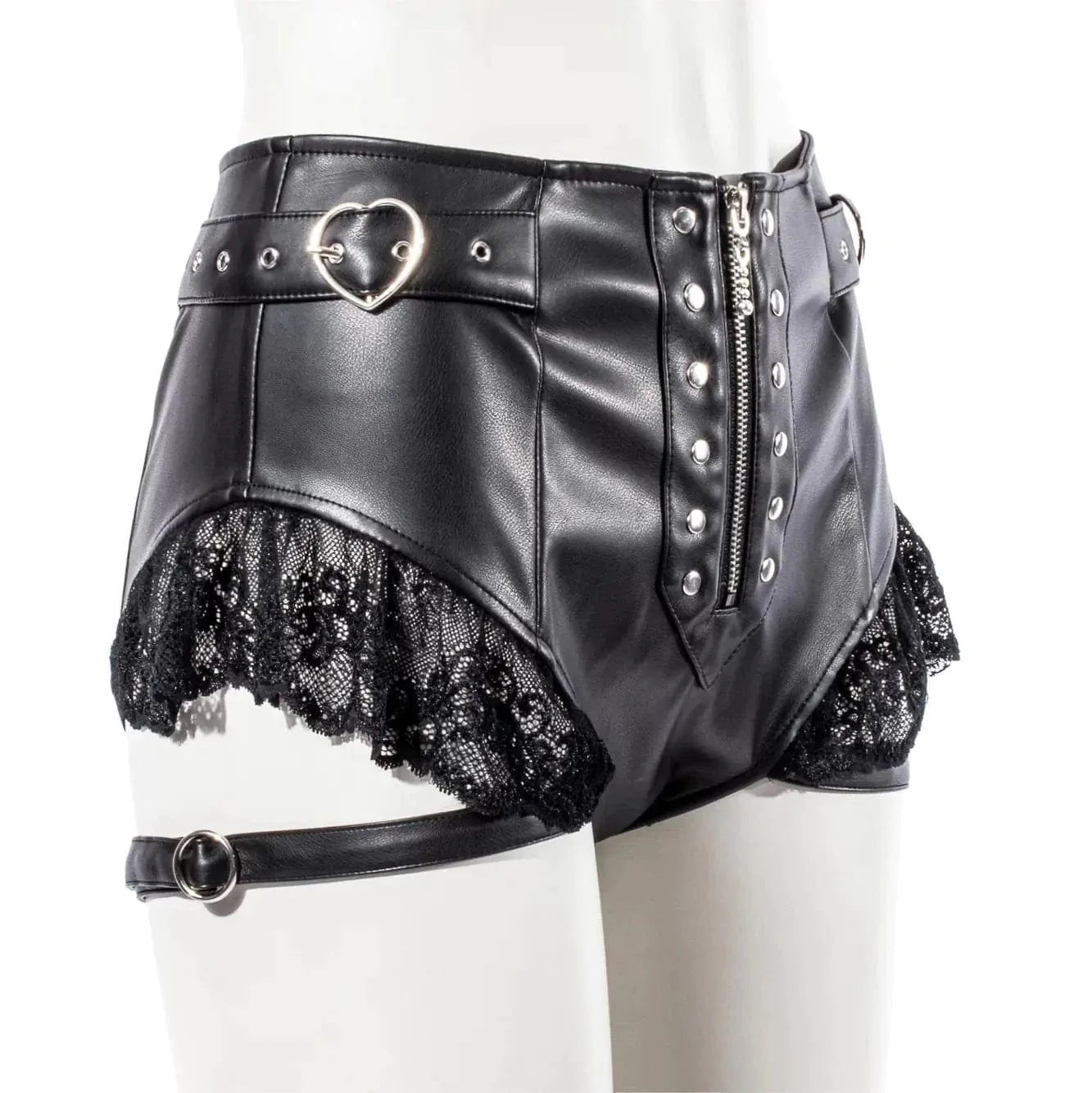 RNG Women's Punk Lace Splice Faux Leather Shorts