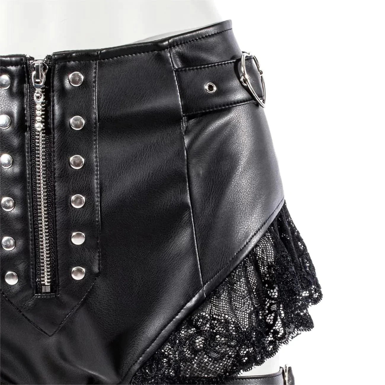 RNG Women's Punk Lace Splice Faux Leather Shorts