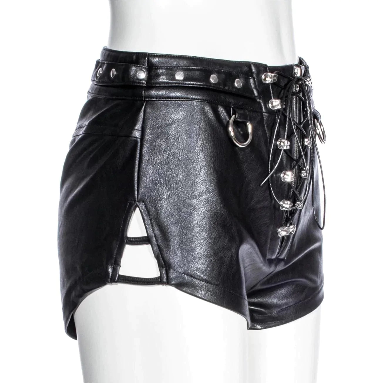 RNG Women's Punk Strappy Faux Leather Shorts
