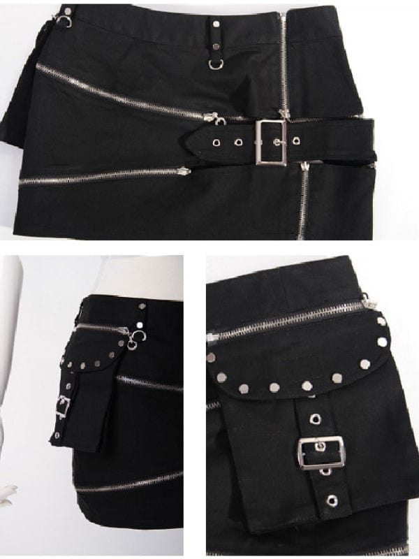 RQ-BL Women's Steampunk Cutout Big-pocket Zipper Skirt