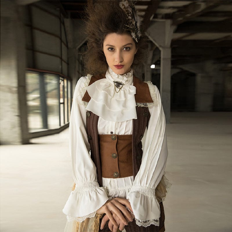 RQ-BL Women's Steampunk Lace Hem Ruffled Shirt with Neckwear