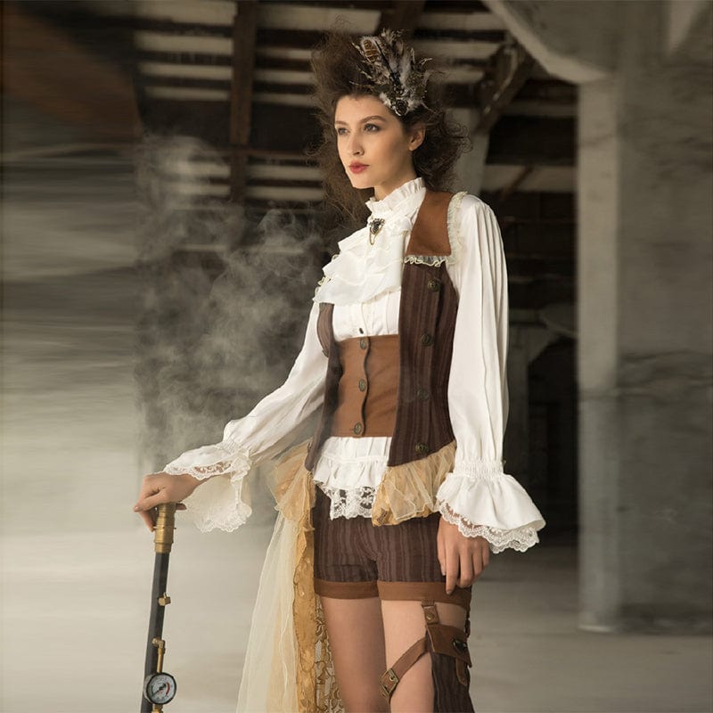 RQ-BL Women's Steampunk Lace Hem Ruffled Shirt with Neckwear