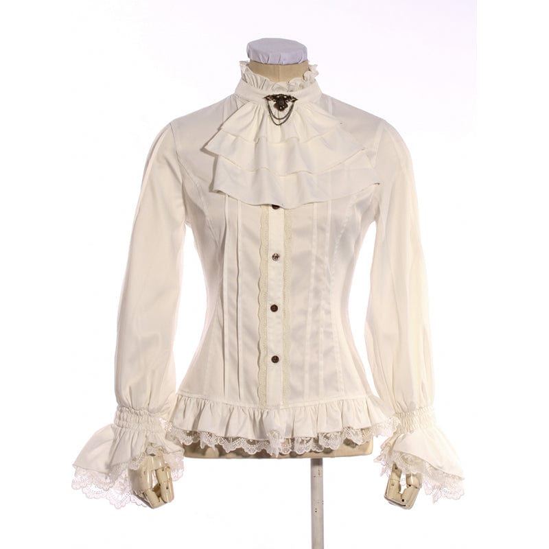 RQ-BL Women's Steampunk Lace Hem Ruffled Shirt with Neckwear