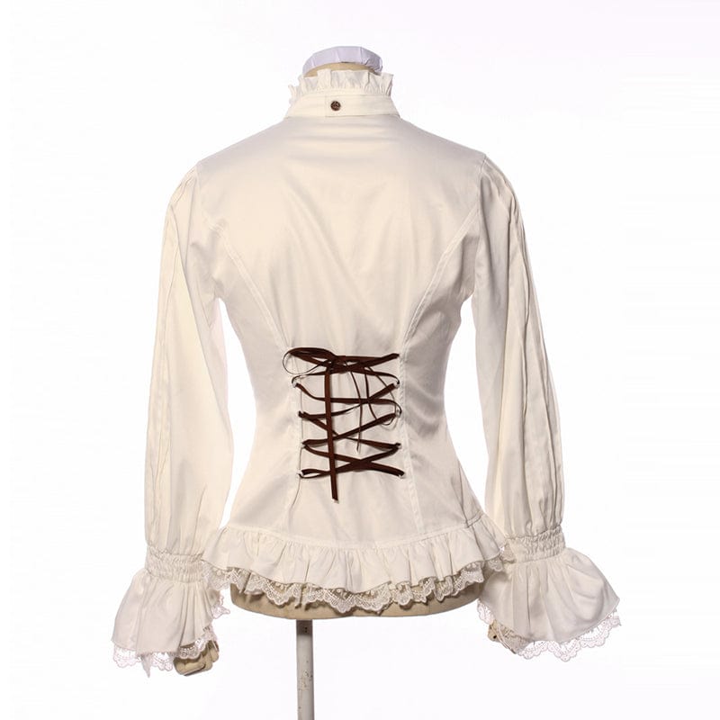 RQ-BL Women's Steampunk Lace Hem Ruffled Shirt with Neckwear