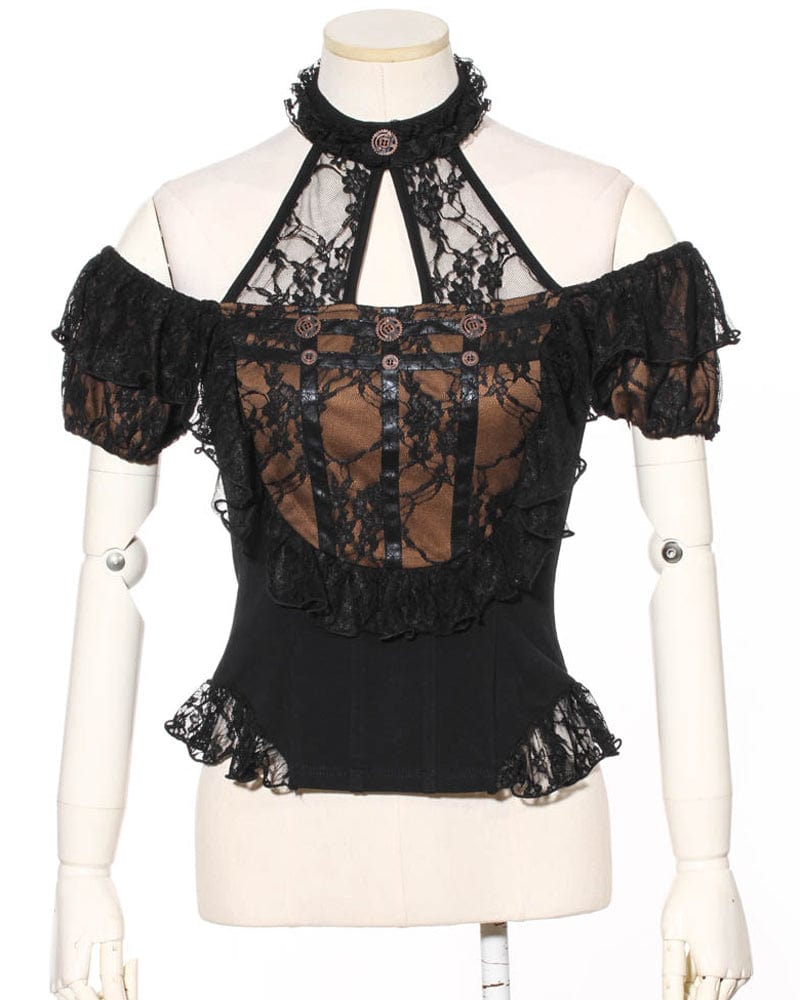 RQ-BL Women's Steampunk Off Shoulder Lace Splice Halterneck Top