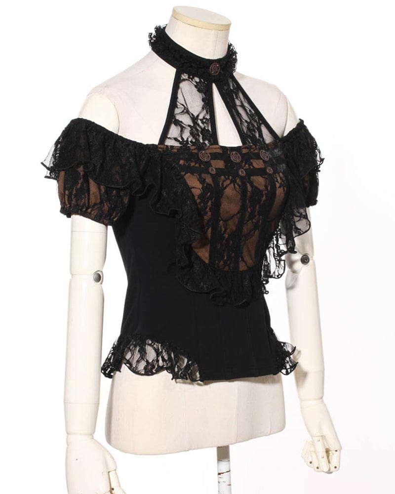 RQ-BL Women's Steampunk Off Shoulder Lace Splice Halterneck Top