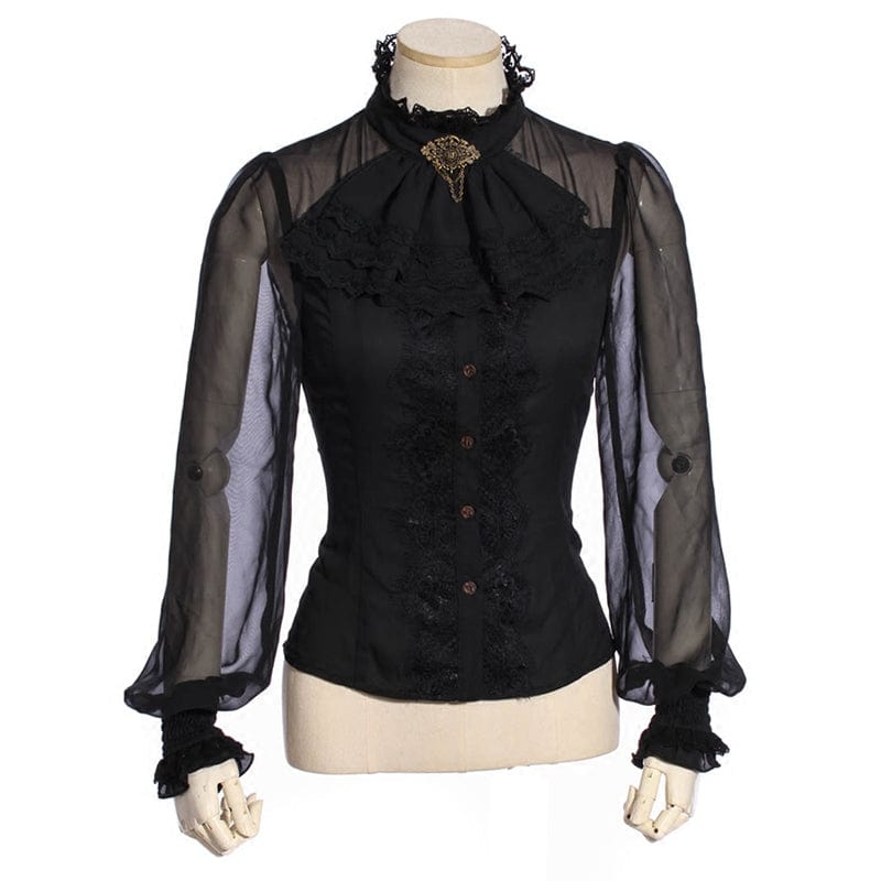 RQ-BL Women's Steampunk Puff Sleeved Floral Embroidered Shirt with Neckwear